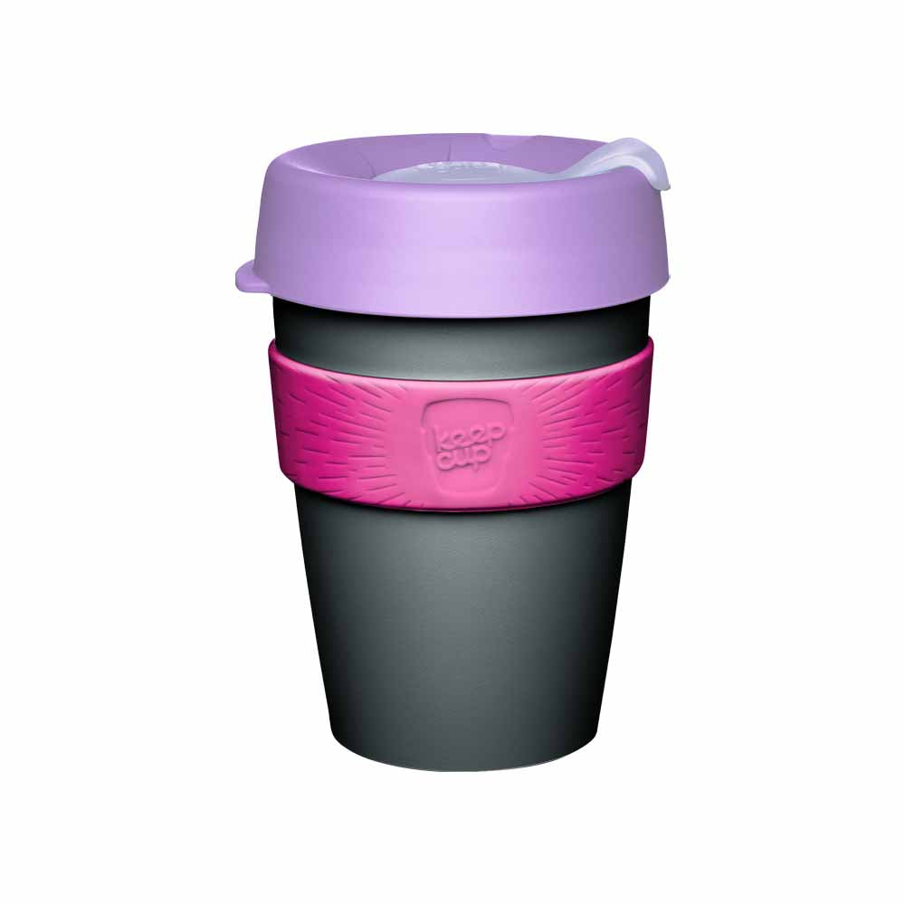 כוס פלסטיק שחור M עם מכסה סגול 340 מ"ל