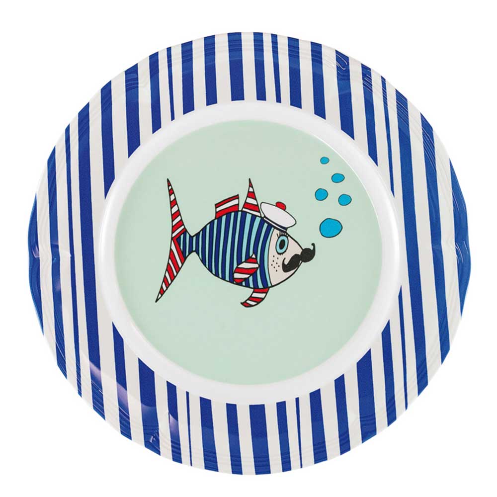 Round plate M Mr. Blue White Fish